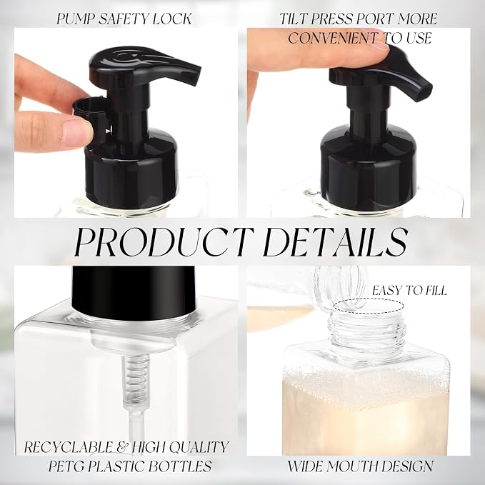 Domensi Foaming Soap Dispenser 8.5 oz Foam Pump Bottle Bulk Empty Travel Foaming Dispenser Refillable Hand Soap Plastic Pump Bottle Travel Clear Container for Bathroom Vanities(12 Pcs,Black White)