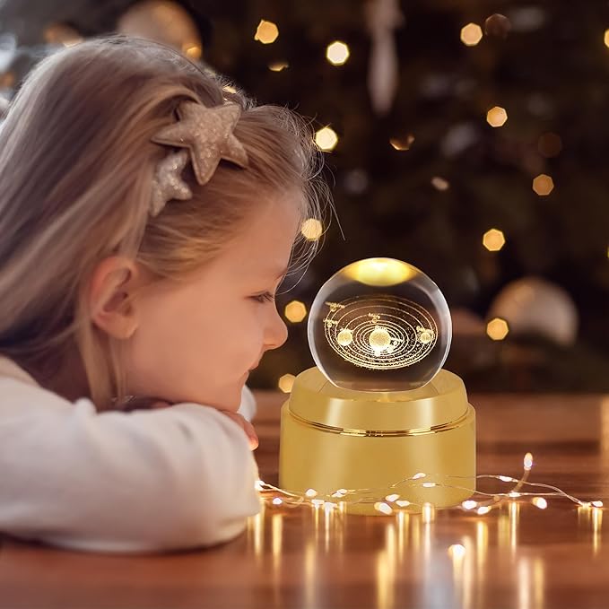 ZHSHWAT Solar System Crystal Ball Night Light with Rotating Glowing Base - 3D Laser Engraved Glass Ball, USB Powered Celestial Decor, Space Gifts & Science Gifts for Kids Adults Home Office Desk