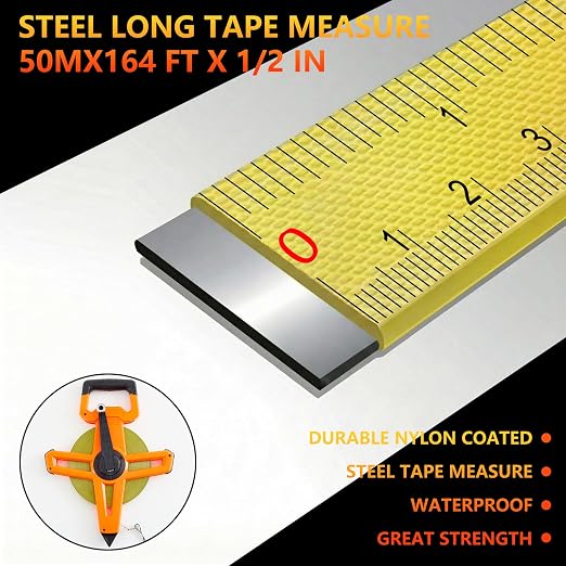 1 Pcs 167ft/50m Open Reel Steel Long Tape Measure, Heavy Duty 1/2" Nylon-Coated Blade with Dual Inch & Metric Scale, Tape Measure for Construction, Surveying, Concrete Work, Orange