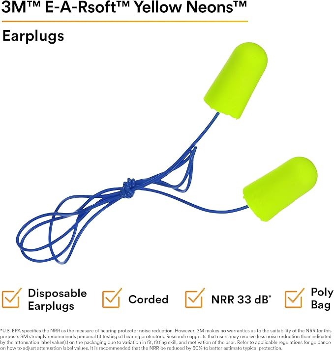 3M Ear Plugs, E-A-Rsoft Yellow Neons 311-1250, 200 Pair of Disposable Earplugs, Pairs Individually Wrapped, Regular Size, Corded, 33 NRR, Tapered Cylinder Shape, Slow Recovery Foam