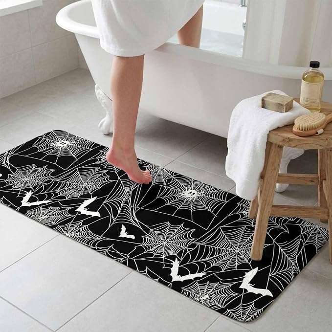Halloween Bathroom Runner Rugs Non Slip Washable Absorbent Narrow Long Bath Mat Black Scary White Bat Animal Net Geometric Runner Rugs for Kitchen Hallway Bedroom Laundry Study Room 15.7"x47.2"