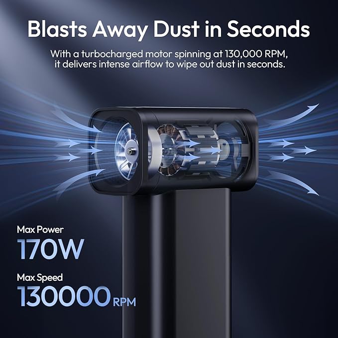 ULANZI AD02 Storm Electric Air Duster V2, 130,000 RPM Compressed Air Duster, 12.5W Fast Charge, Variable Speed, with 200-Mesh Filter & LED Light, Portable Mini Dust Blower for Camer Cleaning