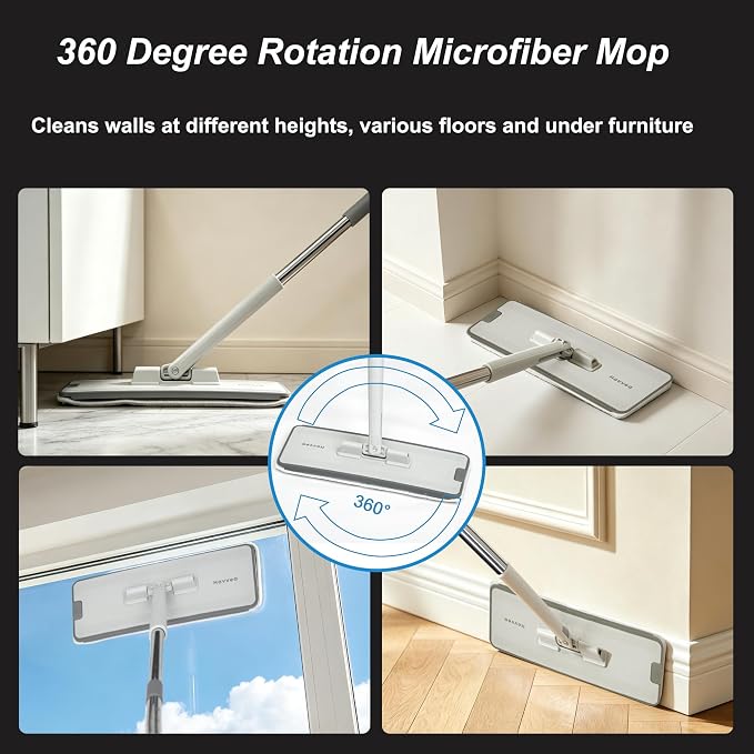 Flat Mop and Bucket System with Wringer Set, Wet Dry Separation Mop and Bucket Set for Hardwood, Vinyl Tile Floor, Wall Cleaner Mop for Household&Commercial Cleaning (Grey)
