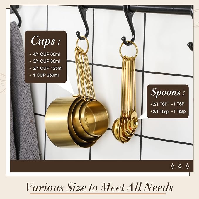 LemonRoad Gold Kitchen Accessories Set Includes 4 Quart Stainless Steel Colander, 3 Qt 5 Qt Gold Mixing Bowls with Airtight Lids, 1 Set Stainless Steel Measuring Cups and Spoons and Fine Mesh Strainer