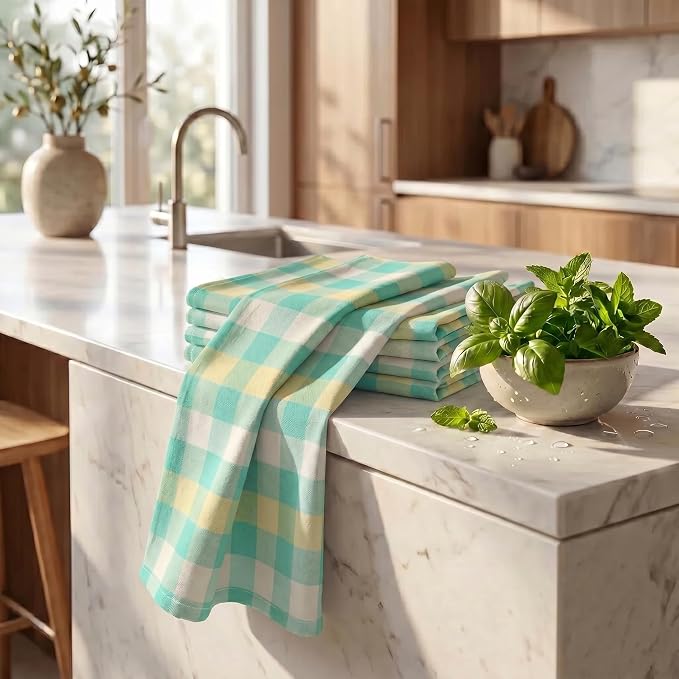 Urban Villa Kitchen Towels Set of 6 Green Sand Buffalo Checks Kitchen Towels 20X30 Inches 100% Cotton Highly Absorbent Kitchen Towels Premium Quality Ultra Soft Mitered Corners KitchenTowels