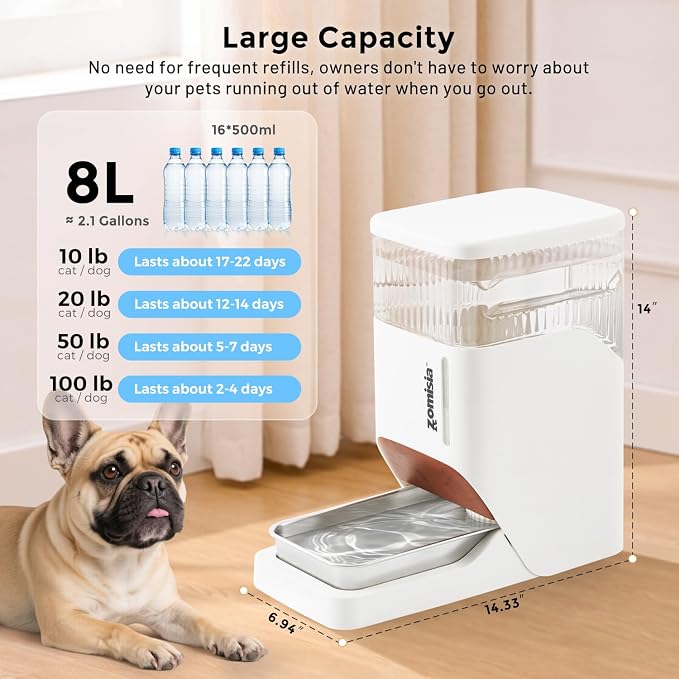 ZOMISIA Automatic Dog Water Dispenser 8L with Stainless Steel Bowl, Gravity Large Capacity Water Bowl for Dogs, 2 Gallon Pet Waterer 100% BPA Free, White
