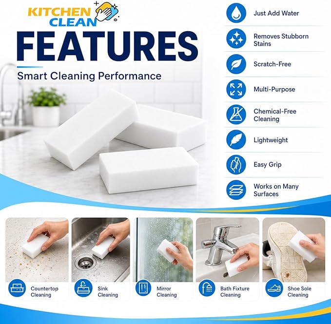 ™ Melamine Magic Eraser | Walls Stain Remover Sponge | Kitchen Latest Cleaning | Home Kitchen Bathroom Tiles, Lime Scale on Taps Wall Stains Cleaning (Pack of 8 Pcs)