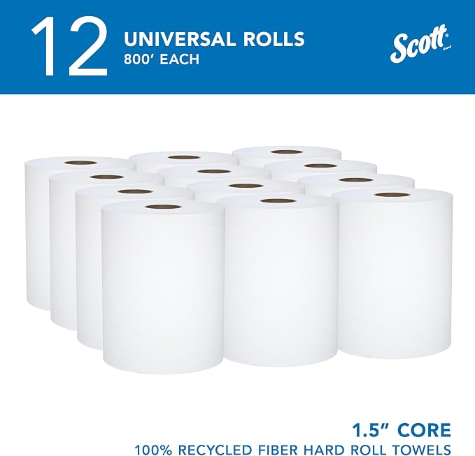 Scott Professional Hard Roll Paper Towels, Bulk, 12 Rolls x 800' (01052) | Universal 1.5" Core, 100% Recycled Fiber, White, Standard Tier, Absorbency Pockets, Compatible with Universal Roll Dispensers