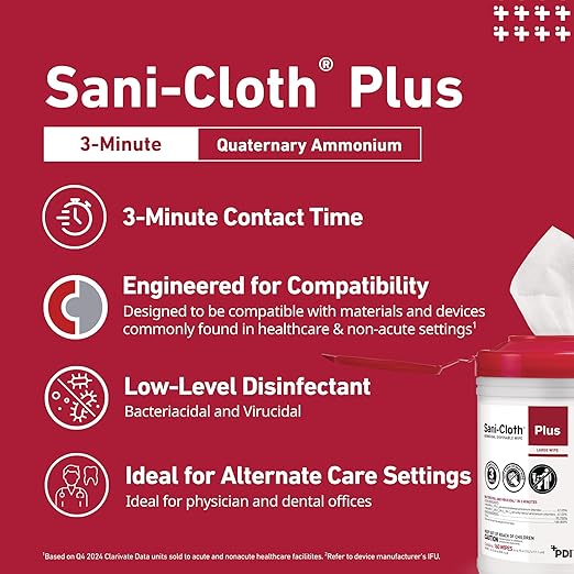 PDI Sani-Cloth Plus Germicidal Cloth, Pack of 160, 6" x 6-3/4" Large Wipes
