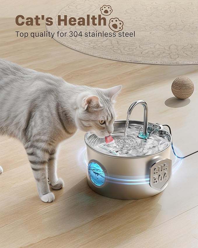 Pet Water Fountain Stainless Steel: 8 Filters + 8 Sponges Cat Water Fountains for Cats Indoor - Metal Cat Fountain Bowl - 74oz/2.2L Faucet Kitty Fountains & Led Light - Cats Pet Fountain for Drinking