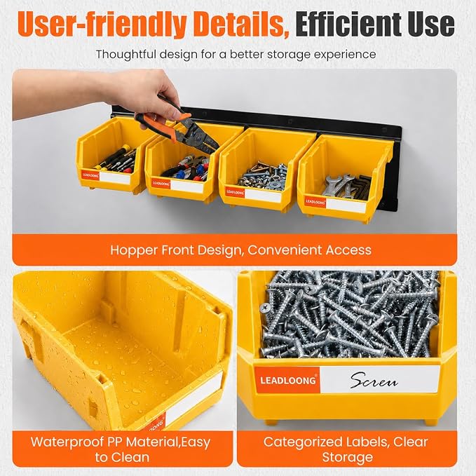 16pc Wall-Mounted Storage Organizer Set with Metal Rails Yellow | Heavy duty tool organization box with metal rails. Ext 5"x4"x3" for garage screws nuts bolts.