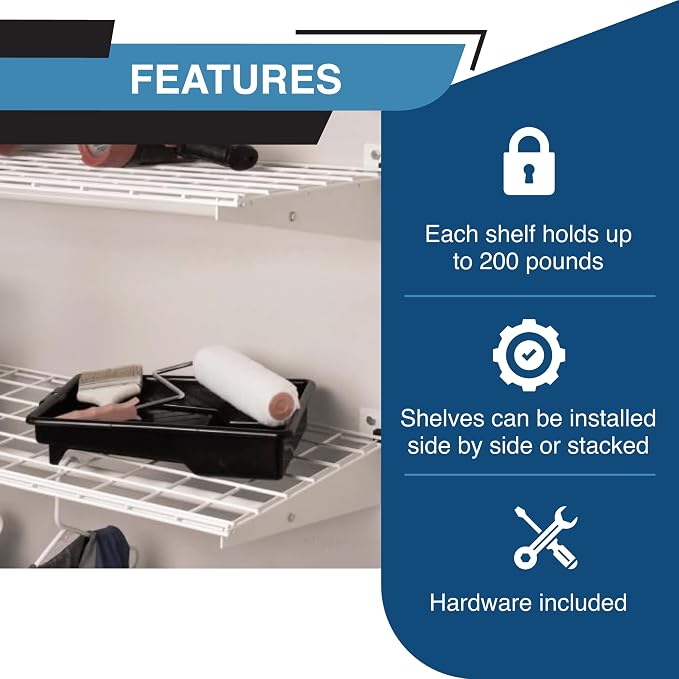 Hyloft 00967 2-Pack Heavy Duty Steel Garage Shelving, 45”x 15” Wall Mounted Shelve,Max Shelf Load 200 Pounds, White Powder Coated