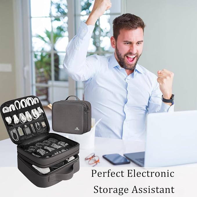 MATEIN Cord Organizer Case with Adjustable Divider, DJ Cable File Bag for Electronic Storage, USB Cable, Charger, Tech Accessories, Shockproof Portable Double Layer Cord Bags, Grey