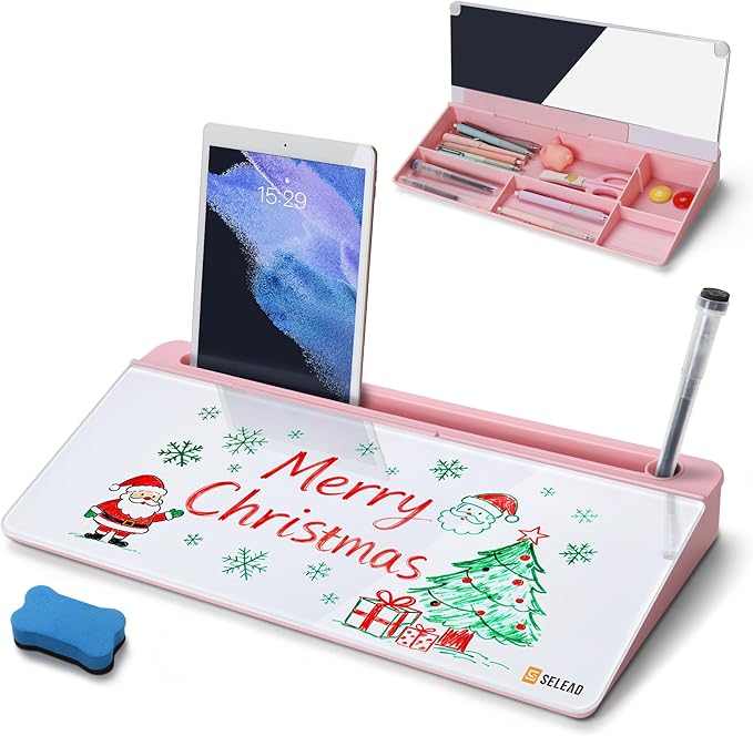 SELEAD Desktop Glass Whiteboard with Organizer & Built-in Mirror - Small Dry Erase White Board Computer Pad Keyboard Stand with Markers, Eraser, Holder for Women - Pink