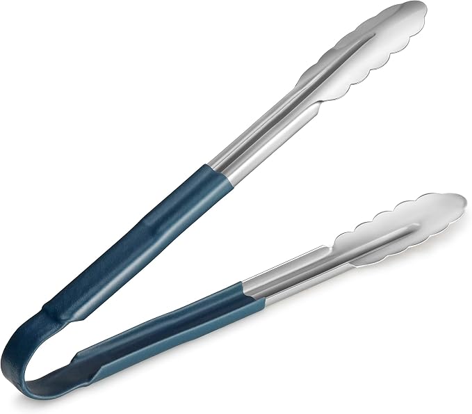 New Star Foodservice 12 Inch Utility Spring Tongs, Set of 12, Commercial Restaurant Grade Stainless Steel Tongs with Blue Vinyl Coated Handles