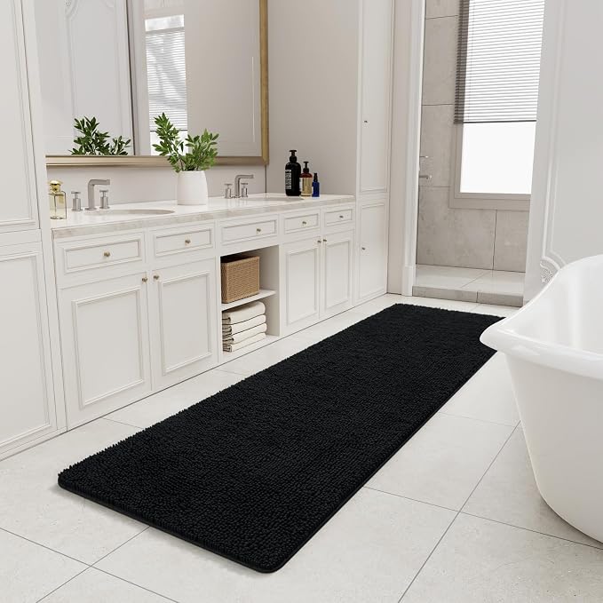 LOCHAS Luxury Bathroom Rug Shaggy Bath Mat 24 x 80 Inch, Black | Washable Non Slip Bath Rugs for Bathroom Shower, Soft Plush Chenille Absorbent Carpets