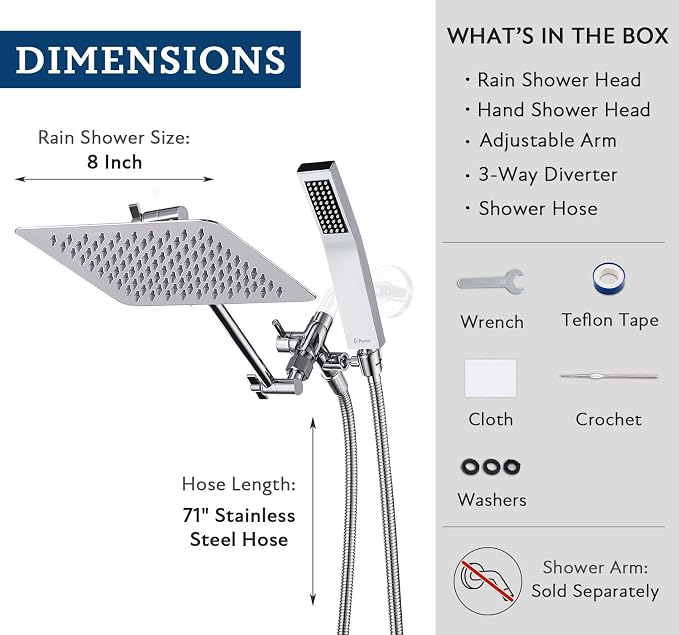 G-Promise All Metal 8 Inch Dual Square Shower Head with Handheld Spray Combo, Rain Shower Head, Adjustable Extension Arm, Smooth 3-Way Diverter, 71 Inch Extra Long Hose - A Bathroom Upgrade (Chrome)
