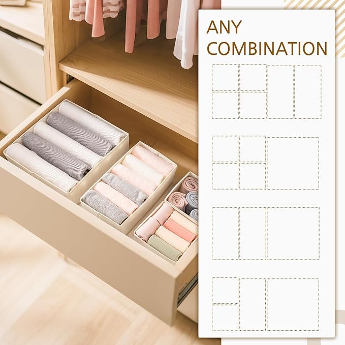 Criusia 26 Pack Drawer Organizer for Clothes, Foldable Dresser Dividers with 3 Sizes, Fabric Storage Bins – Beige