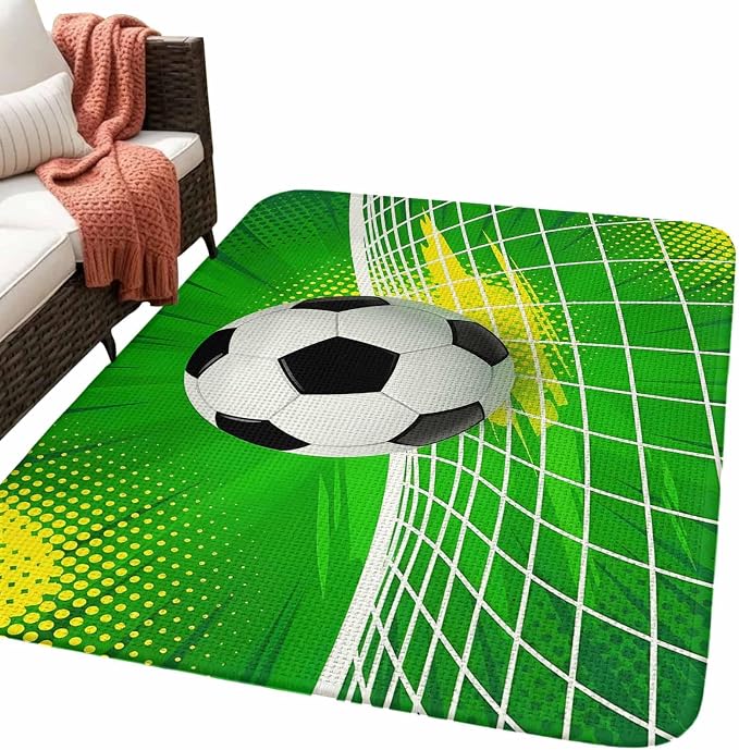 Green Football Washable Area Rugs for Living Room Bedroom, Large Non Slip Indoor Floor Carpet Absorbent Low Pile Soccer Ball Goal Net Vibrant Door Mat Rugs for Bathroom Entryway 63"x78.7"