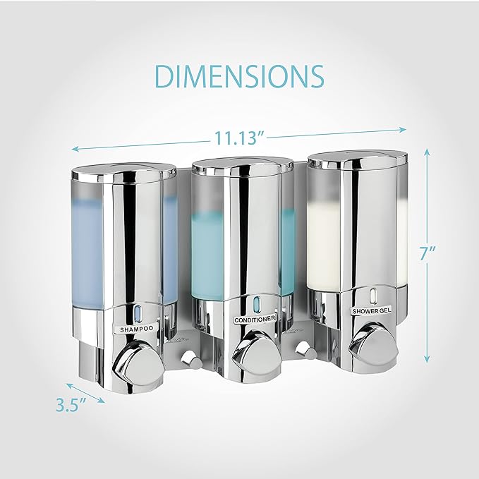 Better Living Aviva Wall Mount Shower Dispenser, 3 x 11oz, Chrome | 3 Chamber, Wall Mount Shower Soap Pump Dispenser, Built-in Hooks, No Drill, Waterproof Shampoo Soap Dispenser