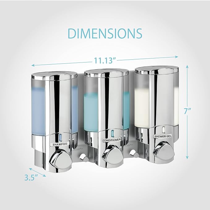 Better Living Aviva Shower Dispenser 3 Chamber,Wall Mount Shower Soap Pump Dispenser for Bathroom Hotel Body Wash,Built-in Hooks,No Drill,Waterproof Shampoo SoapDispenser 3 x 11 oz,Chrome (Pack of 6)