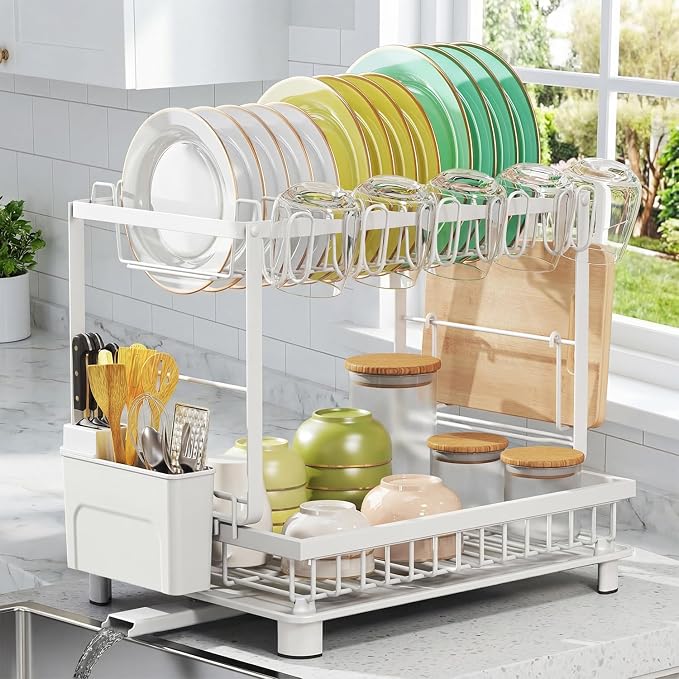 Multifunctional Dish Drying Rack - Rustproof, 2-Tier Dish Racks with Drainboard, Space-Saving Design, Utensil & Cup Holder for Kitchen Counter, White