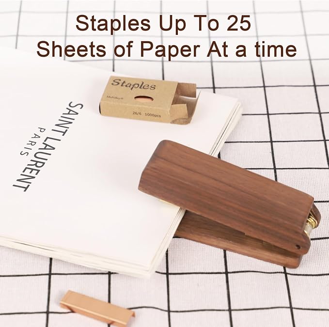 MultiBey Walnut 3-Piece Wooden Desk Organizer Set - North American Walnut Stapler, Wood Tape Dispenser, Wooden Pen, 1000pcs Rose Gold Staples and Tape, for Elegant Home Office Desk