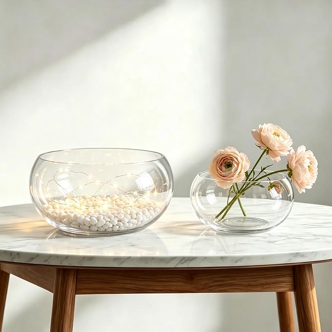 8" Round Glass Lotus Bowl Planter with Rattan Mat, Clear Indoor Hydroponic Water Lily Pot for Aquatic Plants, Bonsai & Lotus Flowers, Decorative Terrarium Bowl Vase, Fish Tank