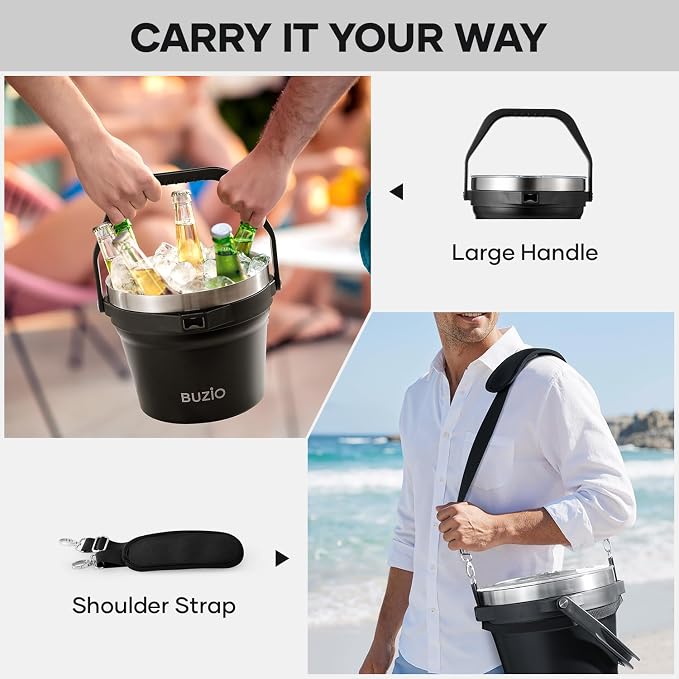 BUZIO 7.4 Qt/7 L Large Insulated Ice Bucket with Lid and Scoop & Tongs | Double Wall Vacuum Stainless Steel Beer Bucket, Holds 6 Longnecks or 3 Wine Bottles, for Parties, Cocktail Bar, Camping