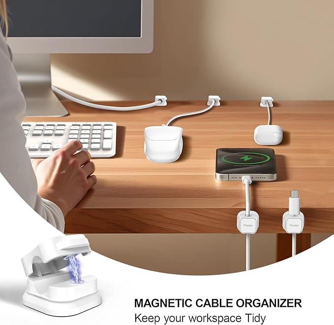 24 Pack Magnetic Cable Clip Organizer Cord Holder, Picozon Adhesive Cable Management, Wire Phone USB Charger Cable Holder, Keeper Organizer for Office Home Desktop Table - White
