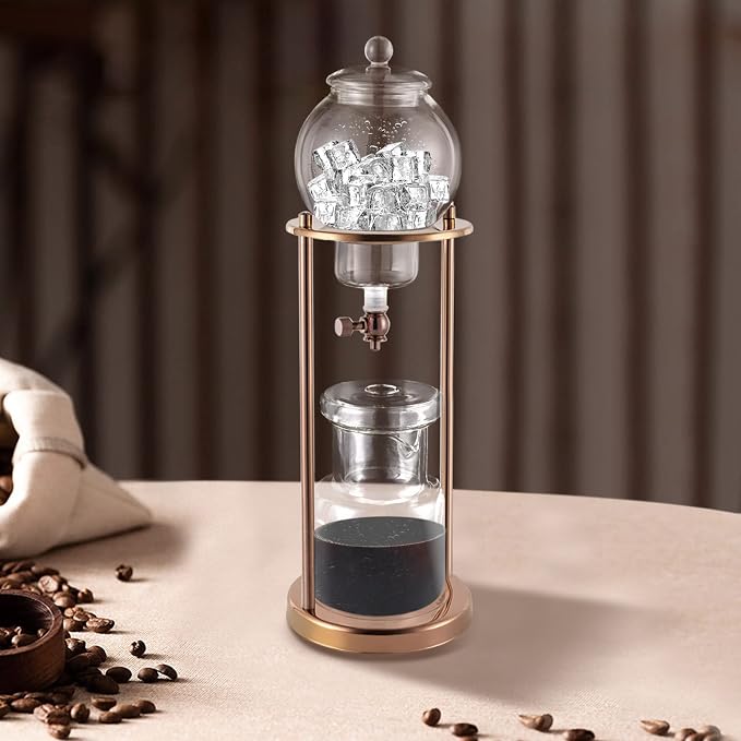 Cold Brew Coffee Maker, 600ml/20.3Oz Iced Coffee Maker Machine Slow Drip Tower, Stainless Steel Ice Dripper Coffee Maker Machine with Measuring Spoon, 6-8 Cups, for Home, Office, Cafes (Gold)