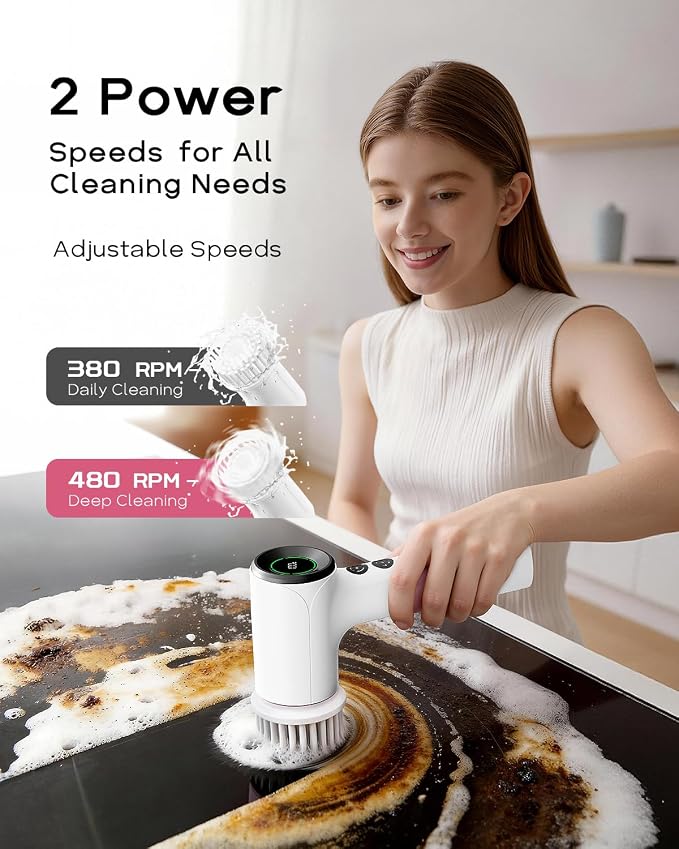 PUFTEM Shower Scrubber, Electric Spin Scrubber for Bathroom Cleaning – Cordless Shower Cleaner Brush with 6 Brush Heads, Dual-Direction Rotation, for Grout, Tile, Tub, Sink & Corners, White