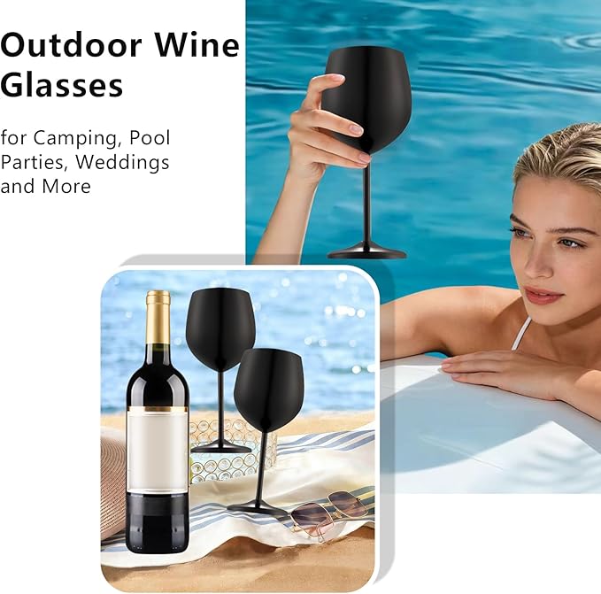 UNISWEET Unbreakable Stainless Steel Wine Glasses Set of 4, Matte Black | 17oz Unique Fancy Metal Wine Goblets, Shatterproof, Ideal for Outdoor, Camping, Travel, Pool, Great Gift for Wine Lovers