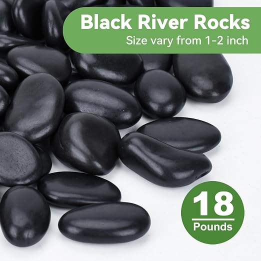 Pulovin 18 lbs Black Rocks for Planters, 1"-2" Decorative River Rocks | Black Pebbles for Plants, Flower Pots, Vase, Polished Garden Stones for Outdoor Landscaping, Walkways, Yard