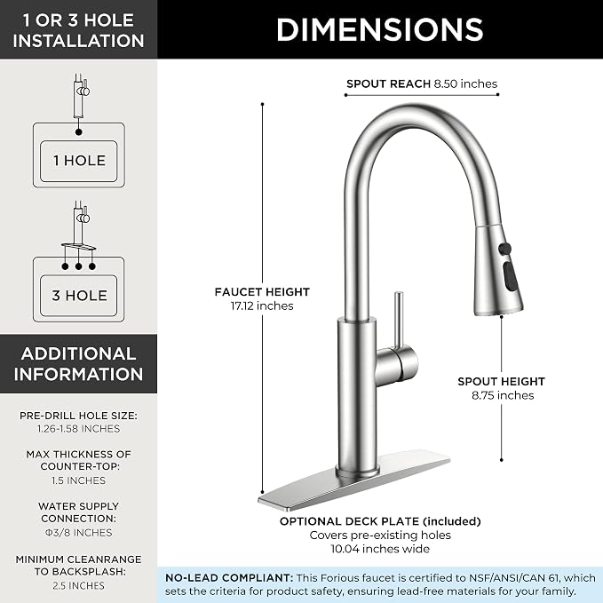 FORIOUS Kitchen Faucet with Pull Down Sprayer, High Arc, Brushed Nickel | Stainless Steel Single Handle Kitchen Sink Faucet 1 or 3 Hole, Suitable for Farmhouse, Camper, Laundry Room, Rv, Outdoor