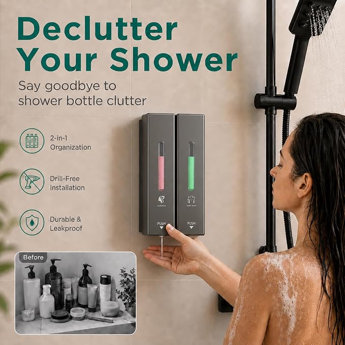 Shampoo and Conditioner Dispenser Wall Mounted, 3-Chamber Shower Soap Dispenser for Bathroom, 1200ML Large Capacity, No-Drill Installation, Clog-Free Pump for Thick Liquids (grey-2-pack)