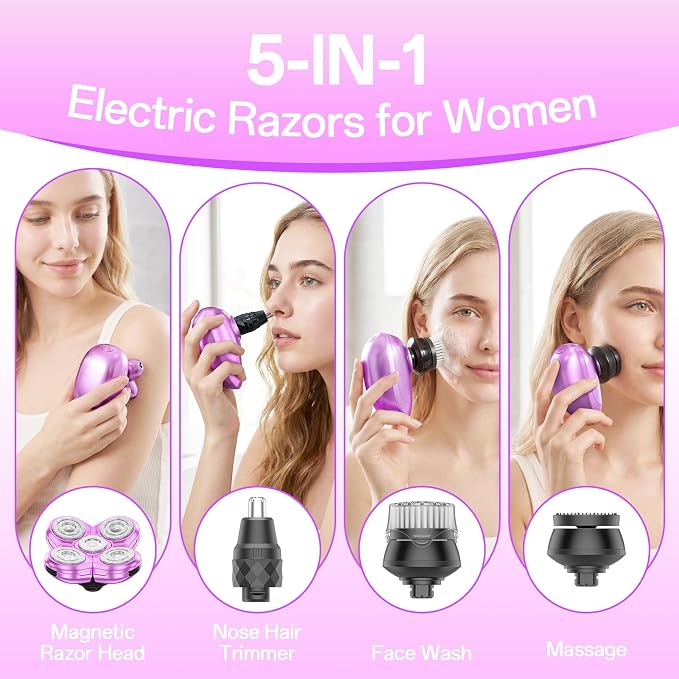 Electric Razors for Women, Waterproof Wet/Dry Womens Electric Razor, Replacement Heads Womens Face Shavers for Legs, Arms, Bikini, Lips, Underarms (Purple)