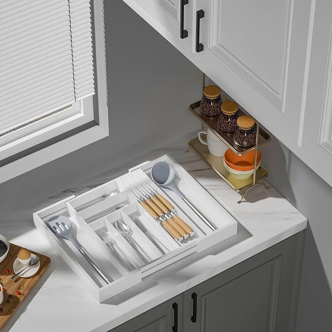 TIOPGHAD Bamboo-Silverware-Drawer-Organizer-Kitchen, Expandable Utensil Holder Cutlery Tray Flatware Organization Adjustable Wood Tableware Dividers Storage (with Removable Knife Block)(White)