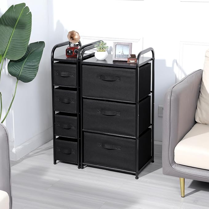 MAX Houser 4 Drawer Narrow Dresser Fabric Storage Tower Vertical Slim Storage Chest Organizer Nightstand Side/End Table Small Standing Organizer Removable Drawers Wood Top for Bedroom, Bathroom（Black