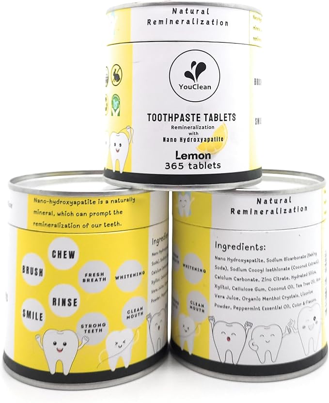 Refill Pack - 365 Toothpaste Tablets - Natural Remineralization & Whitening with Nano Hydroxyapatite - Travel or Daily Use - Fluoride Free (Lemon365)