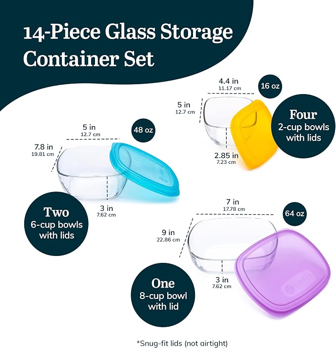 Libbey Serve It Glass Storage Bowls Set of 14 Stackable 2,6,8 Cup Food Storage Containers with Sung Fit Lids, Glass Bowls Set for Snacks, Leftover or Meal Prep