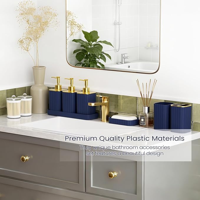Bathroom Set - Bathroom Accessory Set, Navy Blue Bathroom Set, 26PC Bathroom Sets with Shower Curtain and Rugs, Toilet Brush, Trash Can, Qtip Holder & Bathroom Soap Dispenser Set