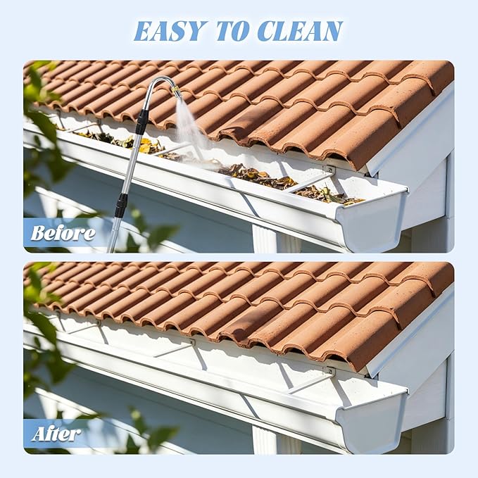 24FT Reach Gutter Cleaning Tools from Ground, 16FT Telescoping Rain Gutter Cleaner with 360° Rotating Metal Nozzle, Brass Shut-Off Valve, Leak-Proof Hose Attachment for Garden Hose