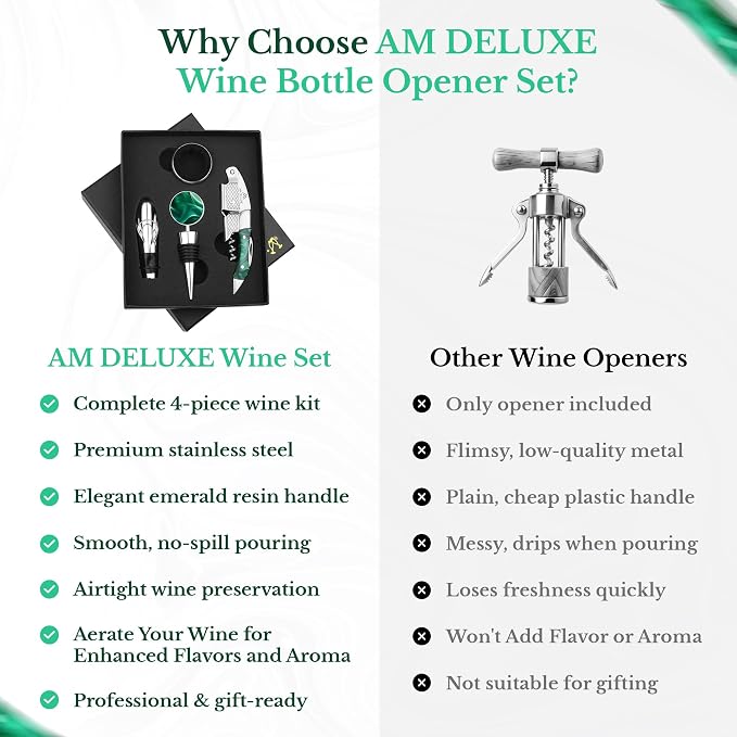 Wine Bottle Opener Set - Professional Waiters Corkscrew Wine Opener, Wine Aerator Pourer Spout, Wine Bottle Stopper, Wine Collar Drip Ring. 4-Piece Wine Accessories Gift Set
