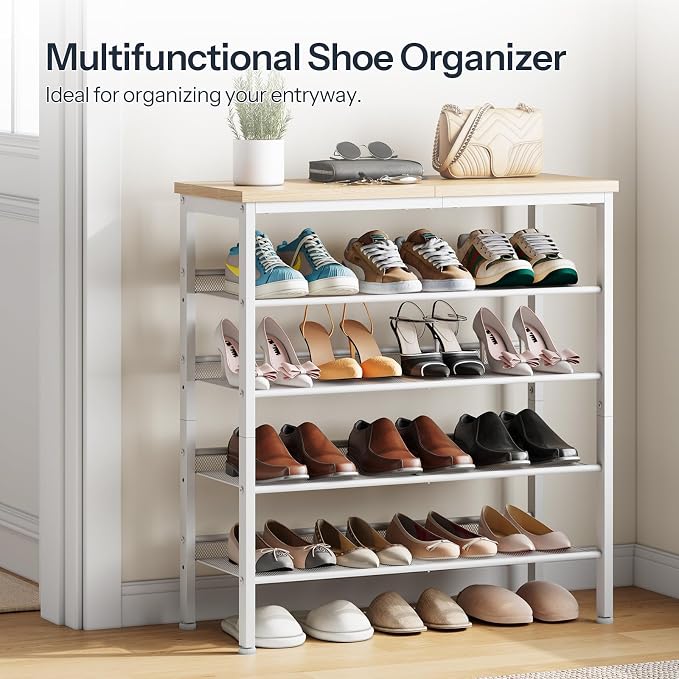 HOOBRO Shoe Rack for Entryway, 5-Tier Shoe Organizer with Adjustable Mesh Shelves, 12-16 Pairs of Shoes, Spacious Floor Mount, Metal, Industrial, Shoe Shelf for Closet, Natural and White WN12XJ01