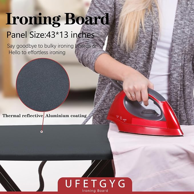 UFETGYG Ironing Board, Metal Panel Iron Board |43" X 13" W/with Iron Rest | Full Metal Construction| Height Adjustable | Heat & Scorch Resistant Fabric | Anti-Skid Feet | Heavy Duty| Easy to Fold