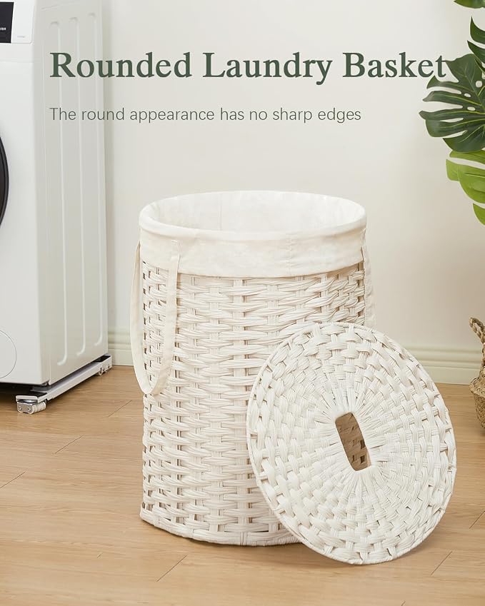 SETVSON Laundry Hamper with Lid Laundry Basket with Lid 72L, White | 19 Gal Round PE Rattan Hamper with Lid, Removable Washable Liner Bag, 2 Mesh Wash Bags, Steel Frame, Handles