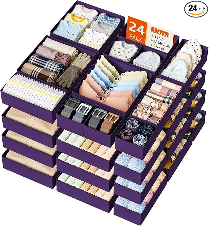 DIMJ Drawer Organizer Clothes, 24 Pack Dresser Organizer, Foldable Closet Organizers and Storage, Fabric Dresser Bins, Drawer Dividers for Nursery, Baby Clothes, Underwears, Sock