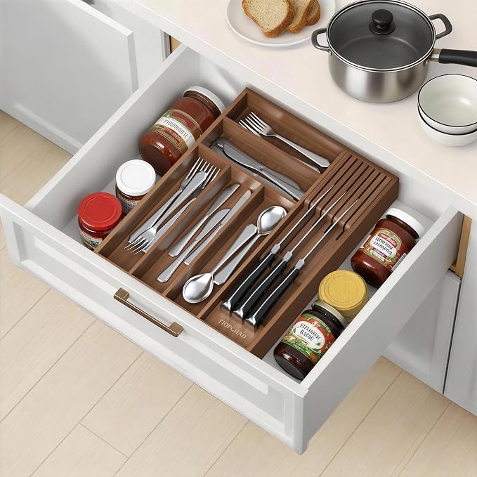 TIOPGHAD Small-Bamboo-Silverware-Drawer-Organizer, Expandable Utensil Kitchen Cutlery Tray Flatware Organization Wood Tableware Dividers Storage (with Removable Knife Block)(Brown)
