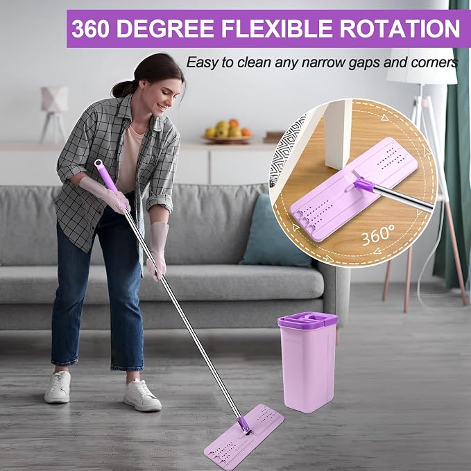 BOSHENG Mop and Bucket with Wringer Set, Hands Free Flat Floor Mop and Bucket, 3 Washable Microfiber Pads Included, Wet and Dry Use, Home Floor Cleaning System for All Floor Types and Windows, Purple